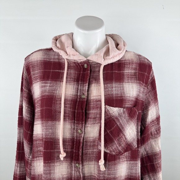 Time and Tru Burgundy & Pink Plaid Flannel Button Up Hoodie Shirt Women's XL - Picture 3 of 10